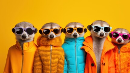 Group of funny lemurs in sunglasses and raincoat on yellow background Generative AI