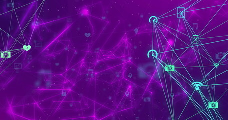 Image of network of connections with icons over purple background