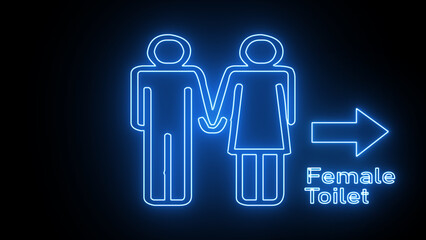 Blue neon outline female toilet or restroom sign on a black background. Female sign. Sign women's toilet. Man and women toilet signs in neon lights animation
