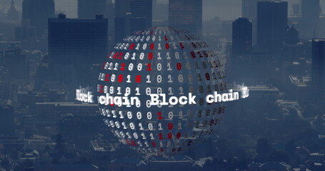 Image of globe with texts and data processing over cityscape