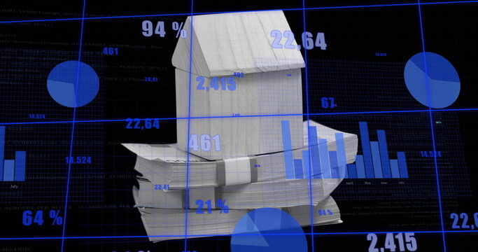 Image of financial data processing over house and stack of banknotes