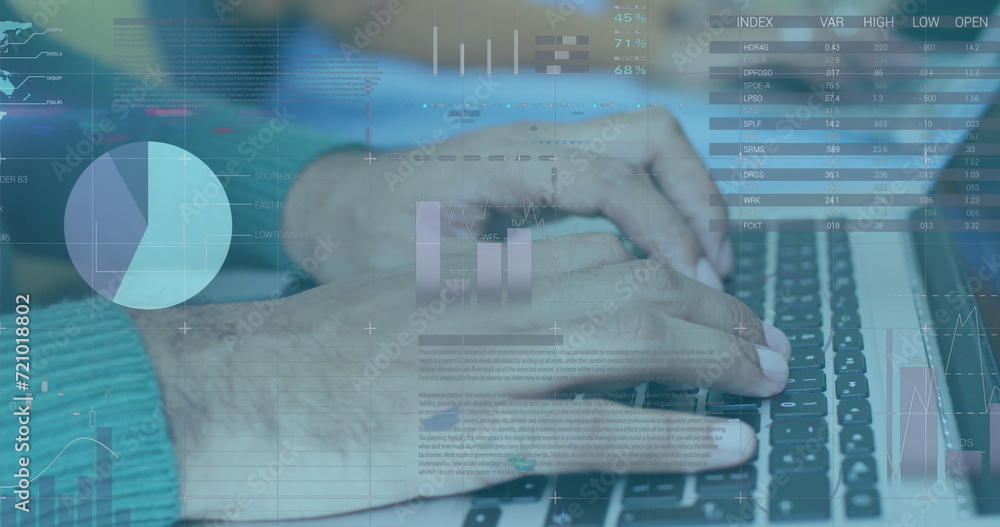 Poster image of digital interface showing statistics with man typing on laptop in an office