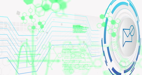 Image of envelope icon over data processing on white background