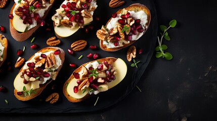 Fototapeta na wymiar Bruschetta with pomegranate, walnuts and cheese on black background Generative AI