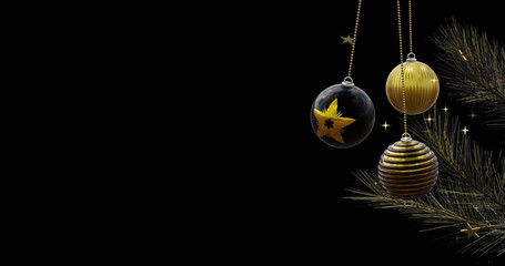 Black and gold christmas baubles swinging on tree with gold stars on black background, copy space