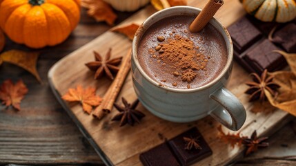 Fototapeta premium Steaming cup of hot chocolate garnished with cinnamon, anise, and sugar, AI-generated.