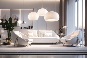 An exquisite modern bahaus architectural interior house with a beautiful white velvet sofa and chairs, a modular suspended lamp with glass diffusers and metal structure illuminated by LED light.