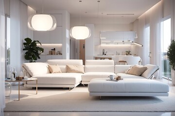 Fototapeta na wymiar An exquisite modern bahaus architectural interior house with a beautiful white velvet sofa and chairs, a modular suspended lamp with glass diffusers and metal structure illuminated by LED light.
