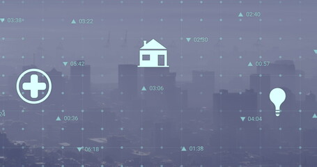 Image of data processing with icons over cityscape