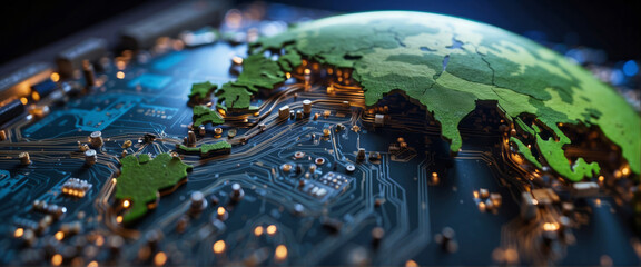green earth growth in computer circuit board, innovation and sustainability concept