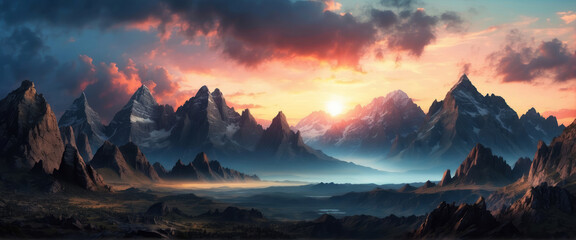 fantasy landscape of black rocky mountains under the sunrise sky. Abstract panoramic background.
