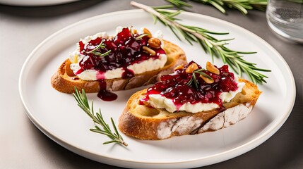 Bruschetta with cream cheese, cranberry sauce and nuts on white plate Generative AI