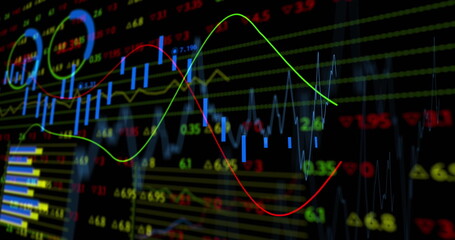 Image of financial data processing with numbers over black background