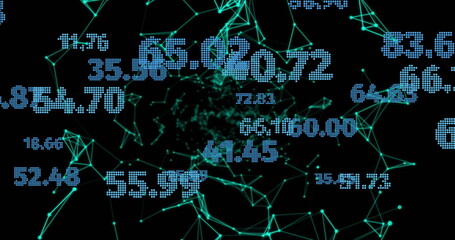 Image of financial data processing over globe with connections