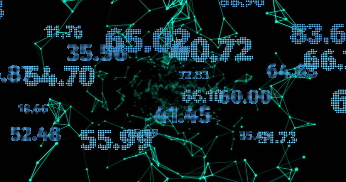 Image of financial data processing over globe with connections
