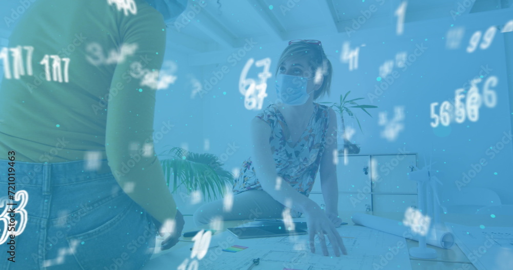 Poster image of floating numbers with colleagues in office wearing face masks