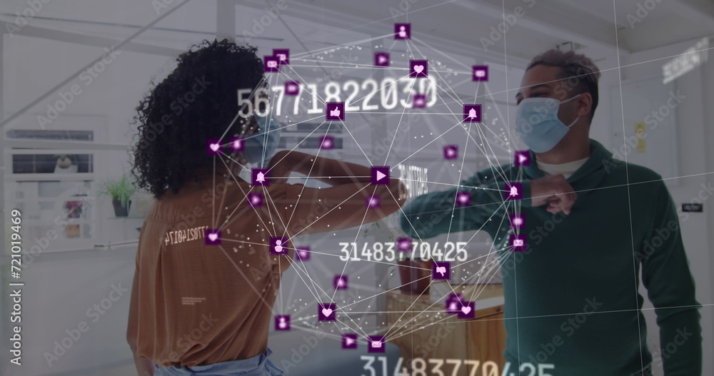 Poster image of floating numbers and net of connections with colleagues greeting in office wearing face mas