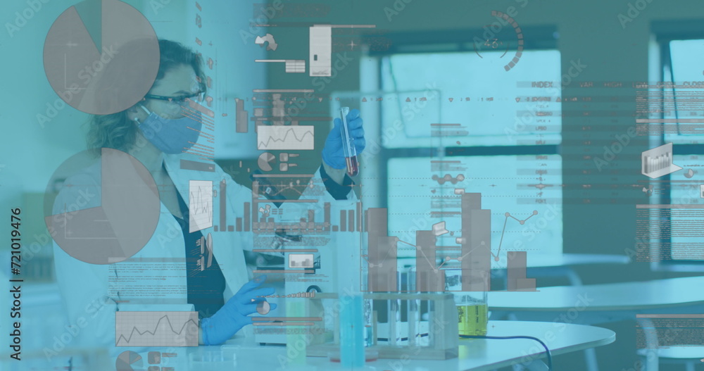 Poster image of digital interface showing statistics with scientist using microscope wearing face masks