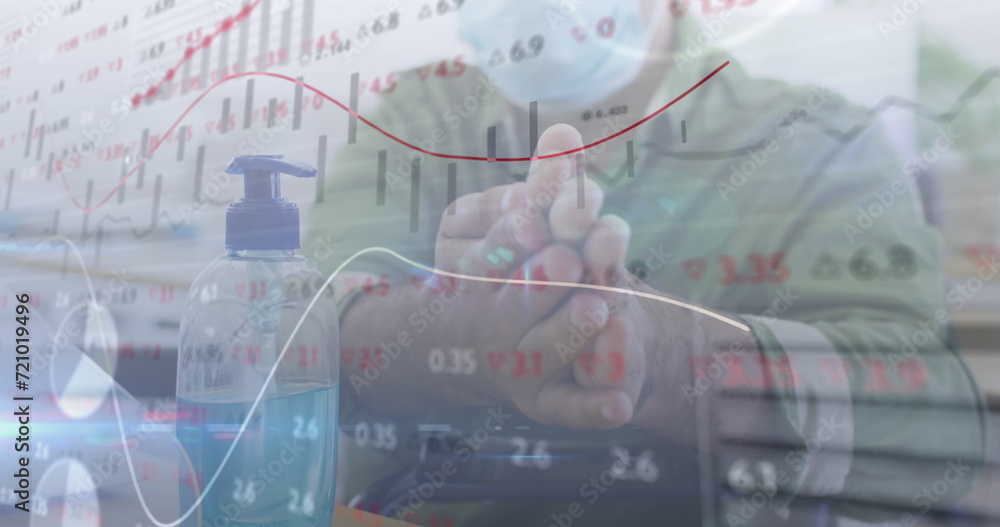 Aufkleber image of digital interface showing statistics with man disinfecting hands in office
