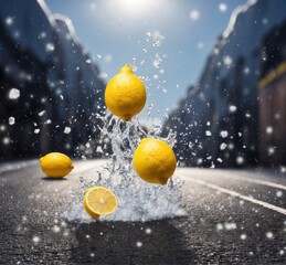 Lemon fruit falling into the water on the road in the city