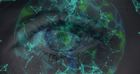 Image of network of connections over woman's eye