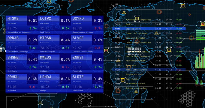 Image of financial data processing over screens and world map