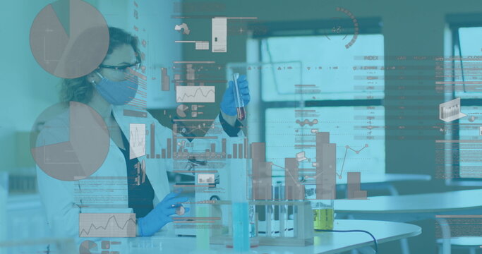 Image of digital interface showing statistics with scientist using microscope wearing face masks