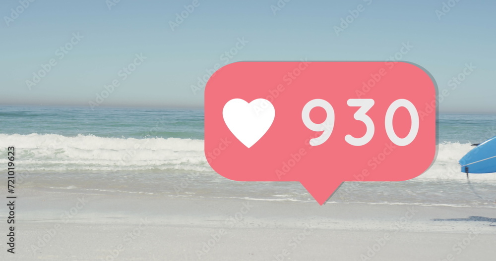 Poster image of speech bubble with heart icon and numbers over man running with surfboard on beach
