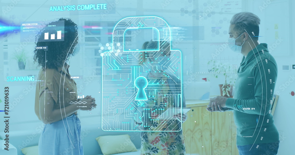 Poster image of digital interface showing padlock and statistics with colleagues in office wearing face mas