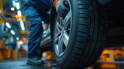 A car mechanic is checking the condition of car tires.
