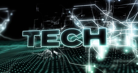 Image of tech text over spots on black background