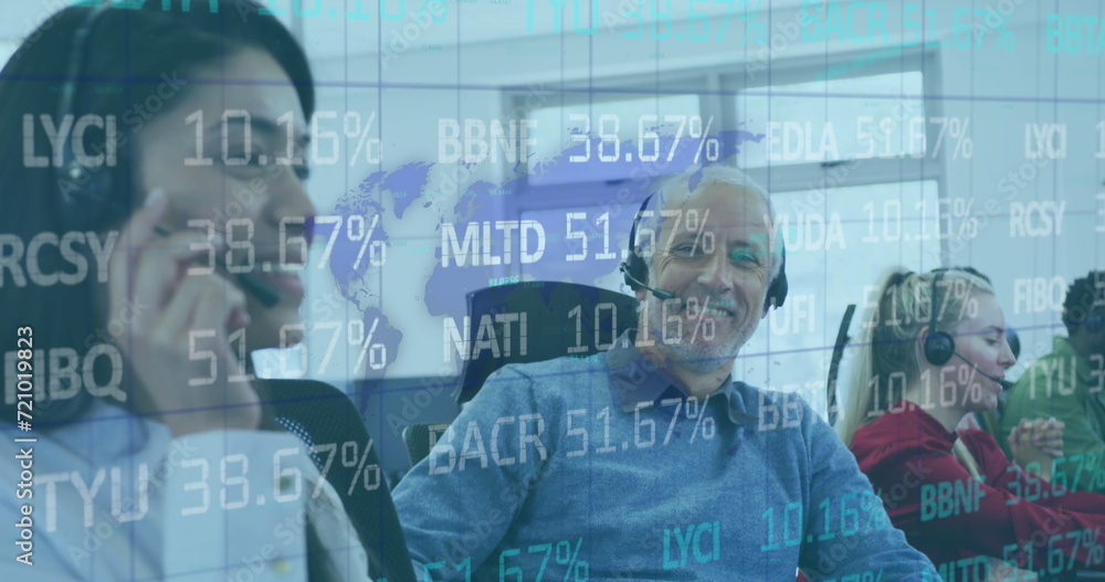Poster image of digital interface showing statistics with diverse colleagues working together in an office