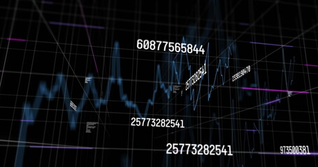 Image of financial data processing with numbers over black background