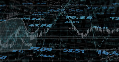 Image of financial data processing with numbers over black background