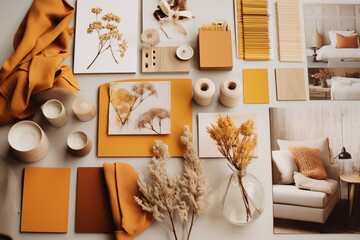 interior design moodboard inspiration with natural materials, warm color tones - AI generated image
