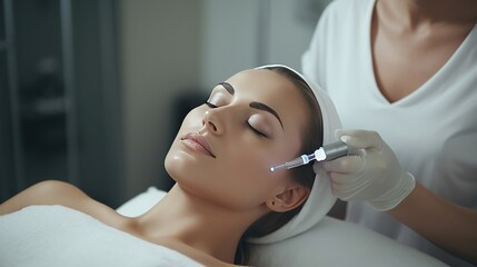 A young woman before a cosmetic procedure with dermapen, a cosmetologist holds dermapen c near the client's face, a woman takes care of the facial skin in a beauty salon