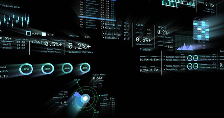 Image of financial data processing with numbers over black background