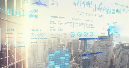 Image of financial data processing over cityscape