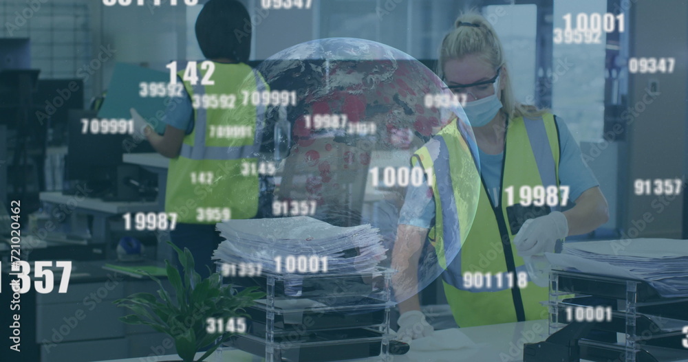 Poster image of floating numbers and globe with colleagues in office wearing face masks