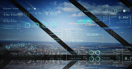 Image of financial data processing over cityscape