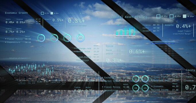 Image of financial data processing over cityscape