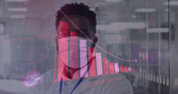 Image of digital interface showing statistics with scientist wearing face masks - Powered by Adobe