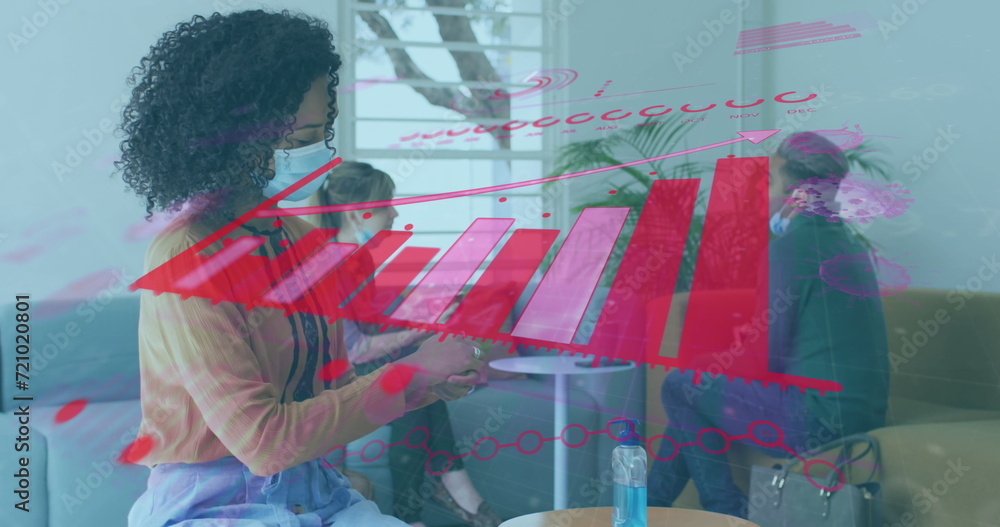 Poster image of digital interface showing statistics with colleagues in office wearing face masks