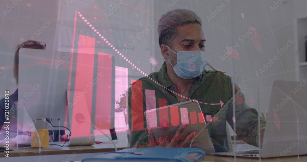 Poster image of digital interface showing statistics with man using tablet in office wearing face masks