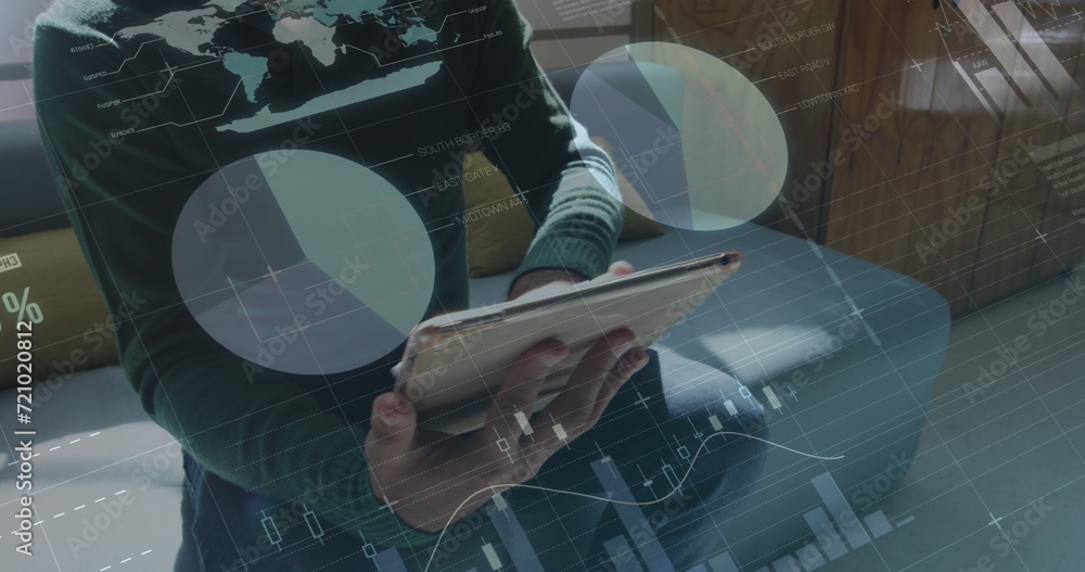 Poster image of digital interface showing statistics with man using laptop in an office