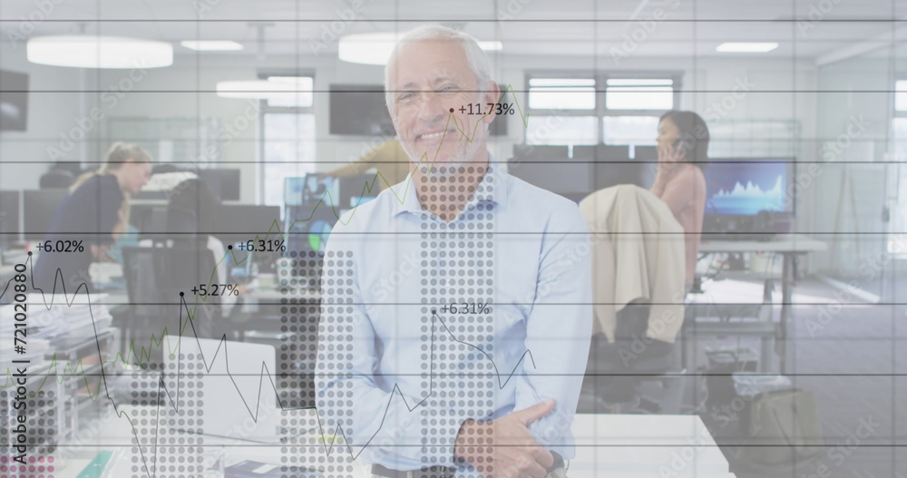 Aufkleber image of digital interface showing statistics with diverse colleagues working together in an office