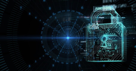 Image of digital data processing and security padlock over black background