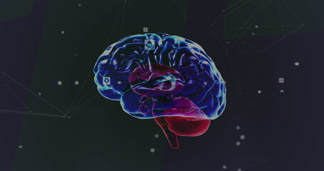 Image of human brain spinning and data processing over computer screens