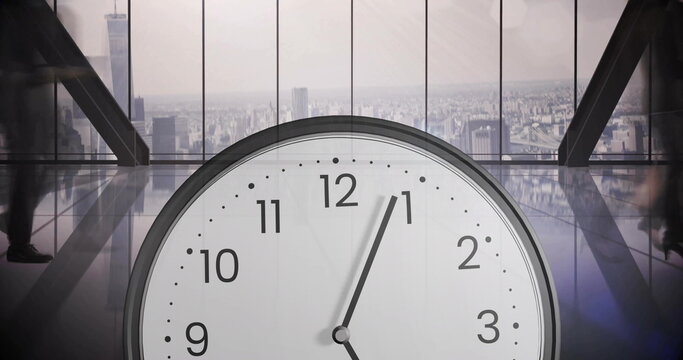 Image of clock over diverse business people walking