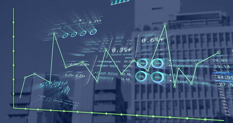 Image of financial data processing over cityscape